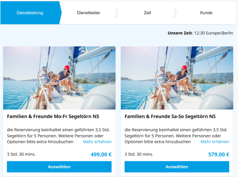 Schritt 1 - Segeltörn auswählen Segelboot mit Passagieren, die am Wasser entspannen; zwei Angebote sichtbar.