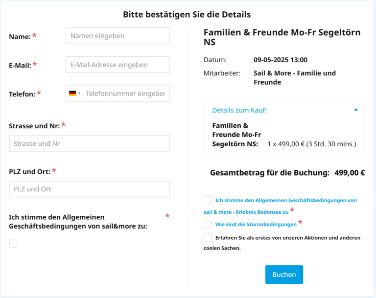 Schritt 4 - Kontaktdaten angeben Buchungsformular für Familie und Freunde mit erforderlichen Angaben.