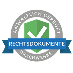 Logo von Dr. Schwenke mit einem Häkchen, Schild und dem Text "Rechtsdokumente".