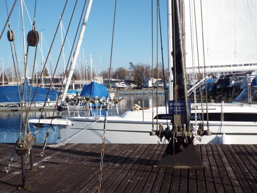 Blick auf einen Yachthafen mit Segelmasten und blauen Booten im Hintergrund.