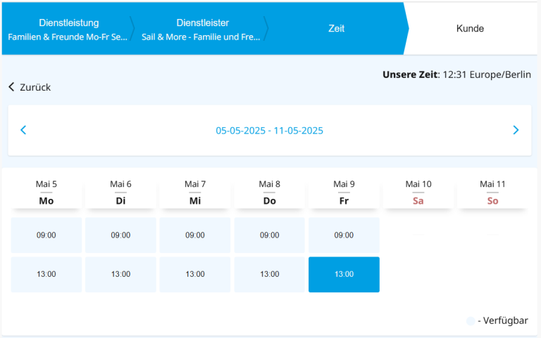 Schritt 2 - Zeitraum auswählen Kalenderansicht mit Terminen vom 26. bis 31. Dezember 2020, einschließlich Uhrzeiten.